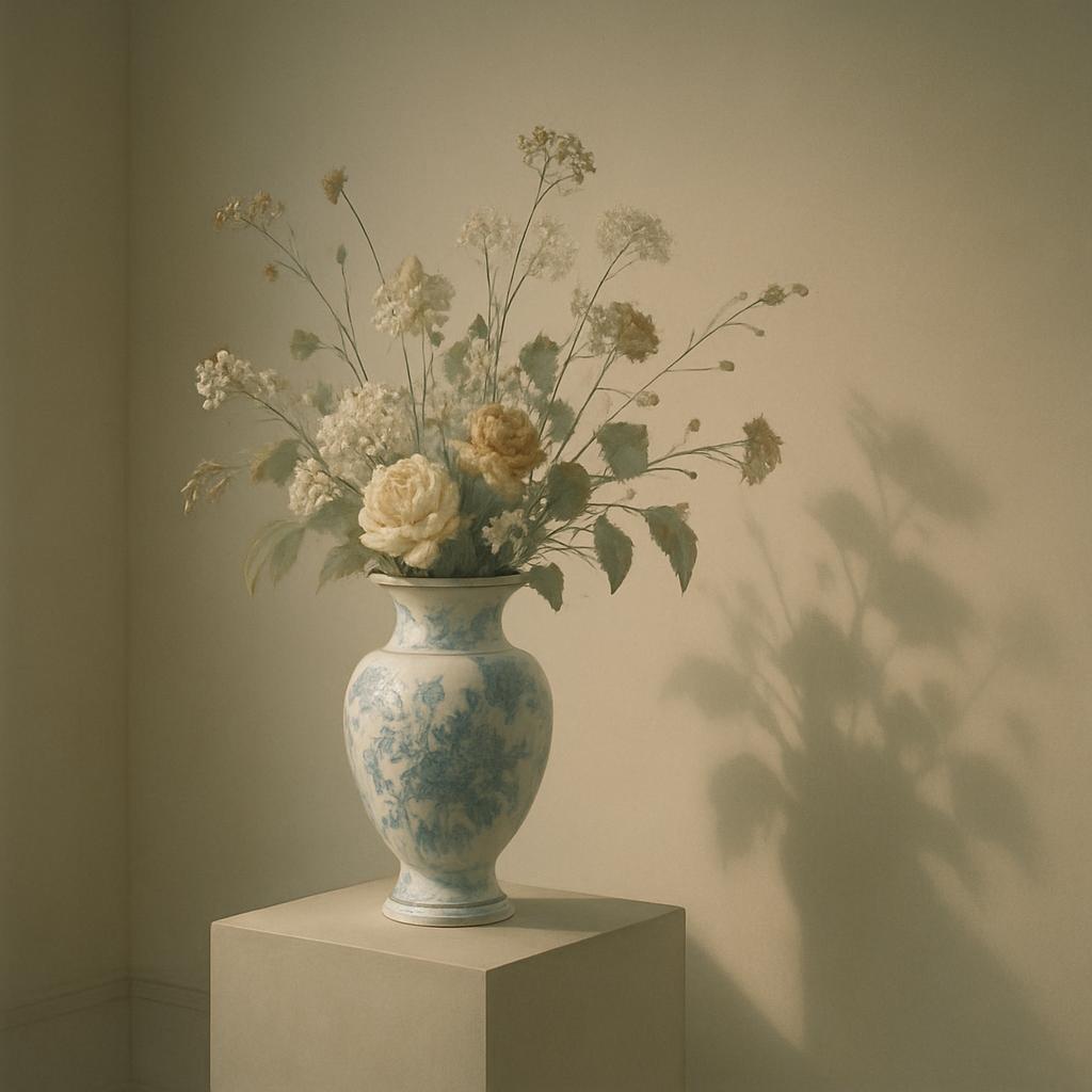An artistic arrangement of dry flowers in a large blue and white vase. An Artistical arrangement in a beige wall with shad...