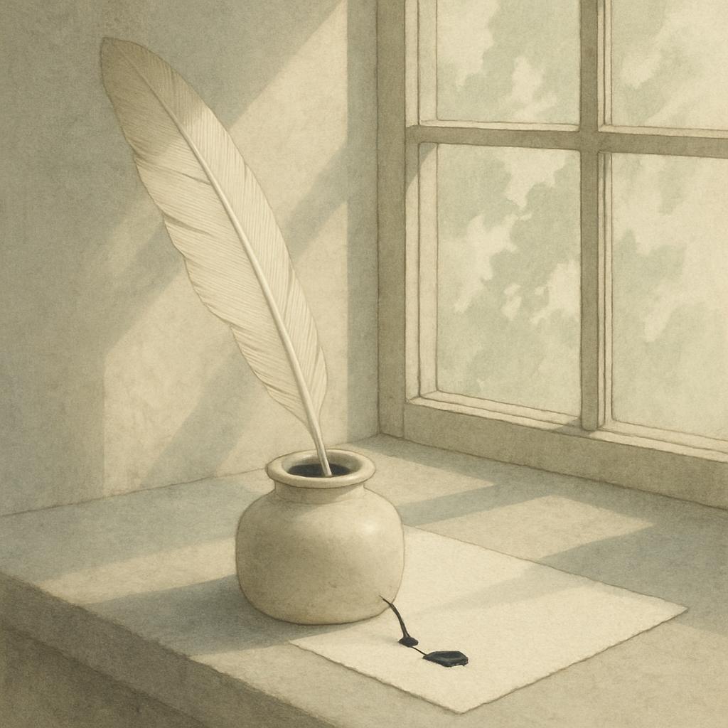An empty inkwell featuring a single feather nestled vertically in glass.