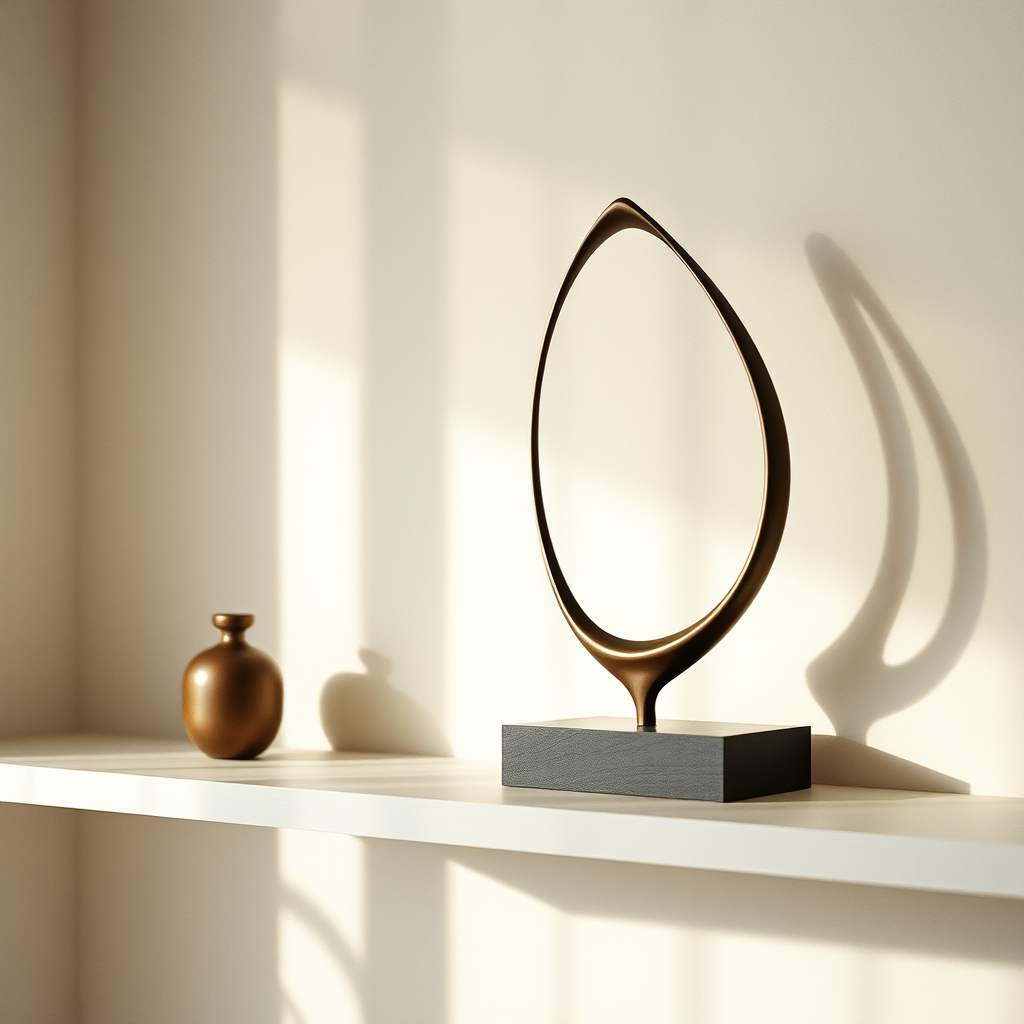 A sculpture with an abstract form, featuring a copper-colored metallic structure resembling a fishhook or oval frame, disp...